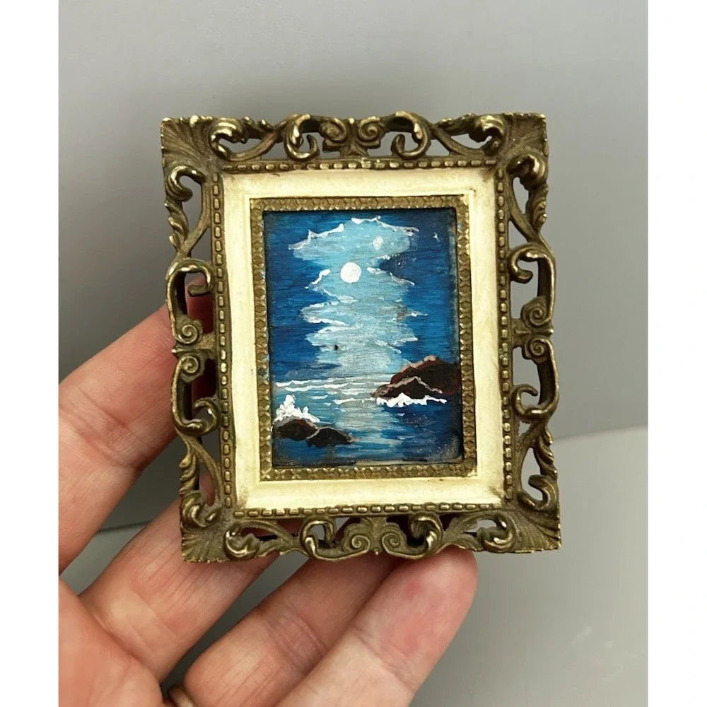 Vintage Dollhouse Miniature Night Ocean Moonlight Beach Painting In Mini Frame